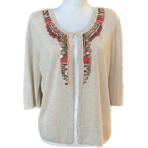 Chico's Linen Blend Beaded Embellished Lightweight Cardigan Women L/12 Beige - Picture 1 of 8